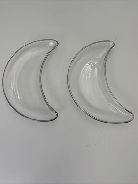 Pair of Vintage Clear Crescent Moon Glass Dishes with Silver Rim